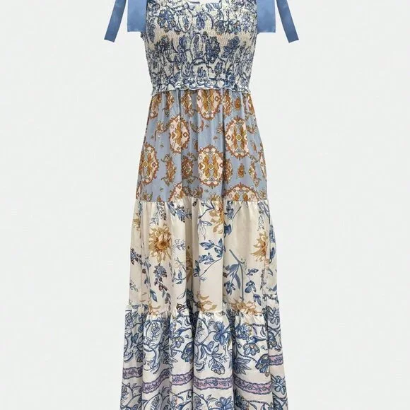 Multicolor Casual Women's Floral Print Lace-Up Spaghetti Strap Pleated Dress - Picture 4 of 6